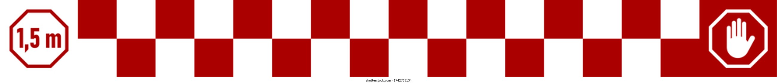 Checkered Social Distancing Floor Marking Tape Keep Your Distance 1,5 m or 1,5 Metres Sticker Icon with an Aspect Ratio of 10:1. Vector Image.