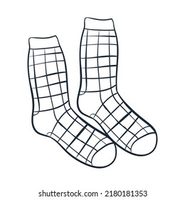 Checkered socks line art . Vector illustration with doodles on the theme of cozy autumn.A cute element for greeting cards, posters, stickers and seasonal design. Isolated on a white background.