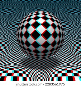 Checkered sphere floats above a distorted patterned surface. Psychedelic vector optical art illustration in red cyan anaglyph style.