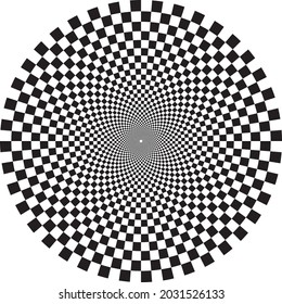 Checkered Spiral board. Abstract 3d black and white optical illusion. Pattern or background with wavy distortion effect. Vector illustration
