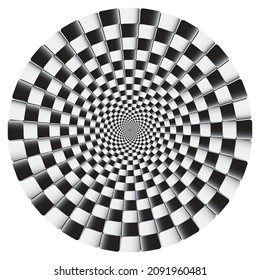 Checkered Spiral board. Abstract 3d black and white optical illusion. Pattern or background with wavy distortion effect. Vector illustration