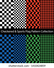Checkered and Sports Flag pattern collection. Set of monochrome, orange, blue and green color checkerboards.
