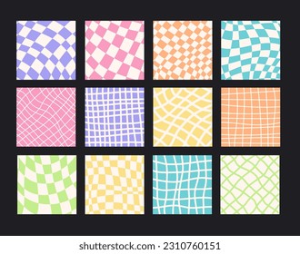 Checkered square backgrounds set. Big collection of Hand drawn distorted gingham, checkerboard, chessboard, grid pastel colored vector templates for social media
