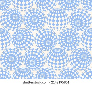 Checkered Square Patterned Balls In Different Positions Psychedelic Art Seamless Abstract Vector White Blue Background. Acid Trip Crazy Fashion Repetitive Wallpaper. Fashionable Design Illustration