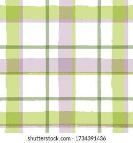 Checkered Stripe pattern, green watercolor plaid seamless background, spring pastel tartan brush strokes. vector spring picnic stripes, nature paintbrush table cloth line backdrop