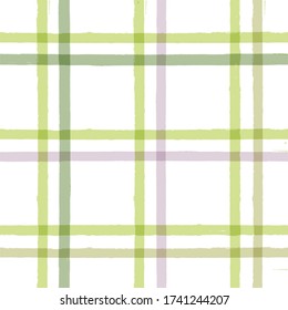 Checkered Stripe pattern, green watercolor plaid seamless background, spring pastel tartan brush strokes. vector spring picnic stripes, nature paintbrush table cloth line backdrop