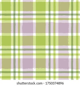 Checkered Stripe pattern, green watercolor plaid seamless background, spring pastel tartan brush strokes. vector spring picnic stripes, nature paintbrush table cloth line backdrop