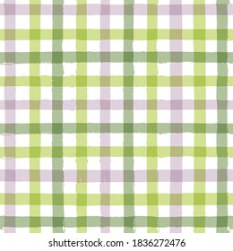 Checkered Stripe pattern, green watercolor plaid seamless background, spring pastel tartan brush strokes. vector spring picnic stripes, nature paintbrush table cloth line backdrop