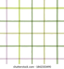 Checkered Stripe pattern, green watercolor plaid seamless background, spring pastel tartan brush strokes. vector spring picnic stripes, nature paintbrush table cloth line backdrop