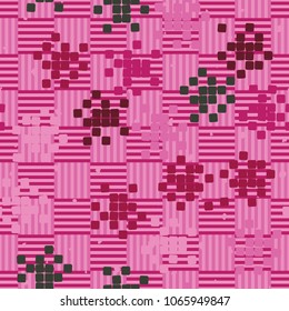A checkered striped background, multi-colored groups of squares, a chaotic arrangement. Seamless editable pattern.