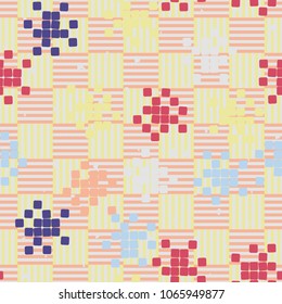 A checkered striped background, multi-colored groups of squares, a chaotic arrangement. Seamless editable pattern.