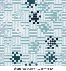 A checkered striped background, multi-colored groups of squares, a chaotic arrangement. Seamless editable pattern.