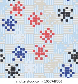 A checkered striped background, multi-colored groups of squares, a chaotic arrangement. Seamless editable pattern.