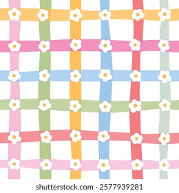 Checkered stripes groovy seamless pattern with flowers for kids textile prints, wallpaper, scrapbooking, stationery, wrapping paper, backgrounds, digital paper, etc. y2k theme. EPS 10