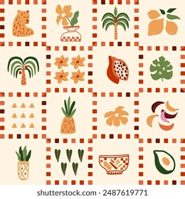 Checkered summer seamless pattern with tropical leaves, palm tree, leopard, fruits. Exotic jungle elements in square shapes. Retro chess print, vector repeat background, fabric, textile, wallpaper