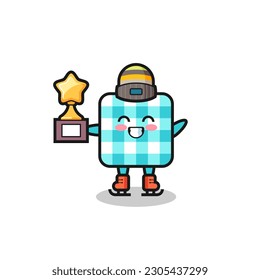 checkered tablecloth cartoon as an ice skating player hold winner trophy , cute style design for t shirt, sticker, logo element