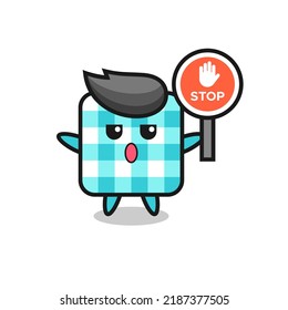 checkered tablecloth character illustration holding a stop sign , cute style design for t shirt, sticker, logo element