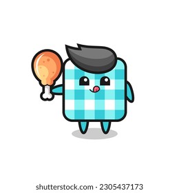 checkered tablecloth cute mascot is eating a fried chicken , cute style design for t shirt, sticker, logo element