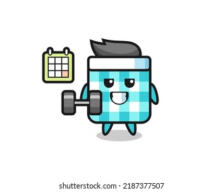 checkered tablecloth mascot cartoon doing fitness with dumbbell , cute style design for t shirt, sticker, logo element