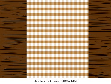 Checkered tablecloth on wooden table, top view, vector illustration.