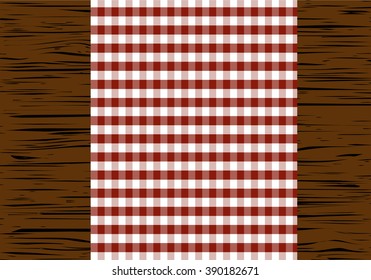 Checkered tablecloth on wooden table, top view, vector illustration.