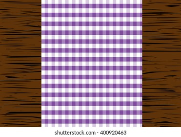 Checkered tablecloth on wooden table, top view, vector illustration.