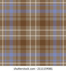 Checkered Tartan pattern with hemstitch. Fabric design brown with blue color. Vector illustration.