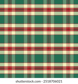 Checkered tartan plaid with twill weave repeat pattern in green red beige.Christmas gingham seamless pattern.Geometric graphic vector illustration background design for fabric and print.