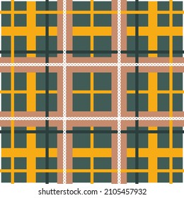 Checkered Tartan seamless pattern. Beige mustard cage on green background design for fabric. Vector illustration.