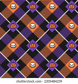 Schachbrettmuster, nahtlos. Halloween, Vektorhintergrund mit Kürbissen und Schädeln zum Umhüllen, Stoffdruck, Poster oder Einladung.