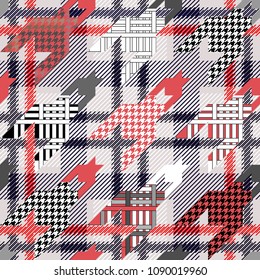 Checkered textile print with hounds tooth motifs. Colorful seamless pattern with different geometric elemets. Grey, red.