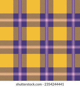 Checkered textile seamless pattern in yellow and purple colors. Vector tartan plaid background.	