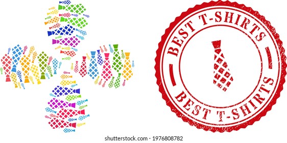 Checkered tie colorful rotation flower with 4 petals, and red round BEST T-SHIRTS unclean stamp seal. Checkered tie symbol inside round stamp.