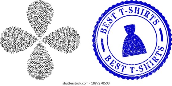 Checkered tie swirl flower with four petals, and blue round BEST T-SHIRTS unclean stamp with icon inside. Object flower with 4 petals composed from oriented checkered tie symbols.