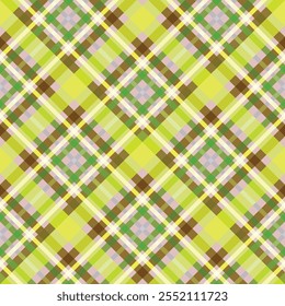 Checkered tile pattern. Seamless mosaic background of colored stripes of yellowish, green and brown. Diagonal geometric print. Ideal for presenting your holiday or advertising design.