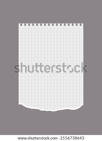 Checkered torn out notebook page flat style, vector illustration isolated on gray background. Blank paper for text, design and notes with ragged edge. Paper piece