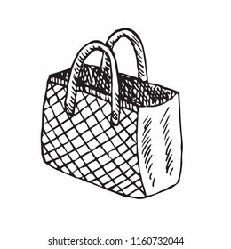 Checkered tote type of bag, isolated hand drawn black and white outline doodle, sketch, vector illustration