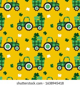 

Checkered tractor with a trailer and clover leaves on a yellow background. St Patrick's  seamless pattern. Vector festive texture.
