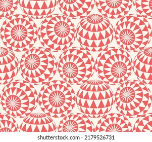 Checkered Triangles Patterned 3D Balls In Different Positions Psychedelic Art Seamless Abstract Vector Red White Motley Background. Freaky Acid Trip Repetitive Wallpaper. Bizarre Hypnotic Abstraction
