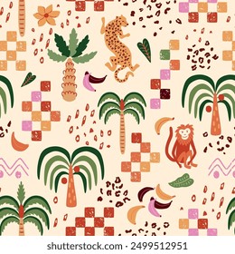 Checkered tropical summer vacation seamless pattern with cute jungle palm tree, leopard, monkey. Cute jungle vector print. Retro chess repeat background pattern. Organic fabric, textile design.