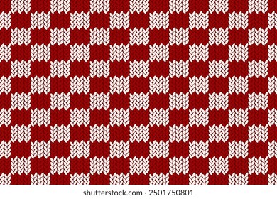 checkered vector background made of knitted texture in cozy red and white color