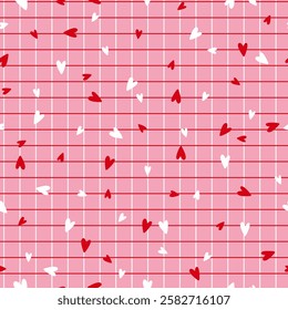 Checkered vector pattern in pink and red color with hearts.