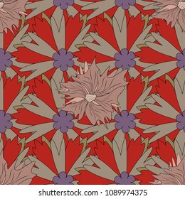 Checkered vector seamless pattern with grunge texture and abstract brown, beige and red flowers. Tile for wallpaper or fabric. Seamless pattern with plaid.