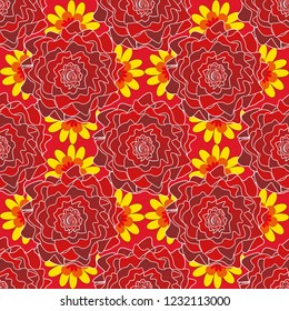 Checkered vector seamless pattern with grunge texture and abstract white, yellow and red flowers. Tile for wallpaper or fabric. Seamless pattern with plaid.
