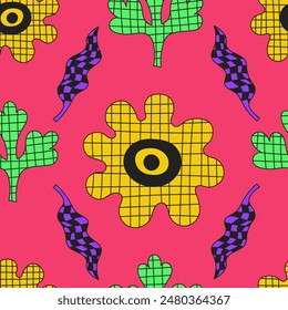 Checkered vibrant flower and leaf seamless pattern. Playful funky floral background with blossom leaf grid pattern. Bright psychedelic repeat vector illustration