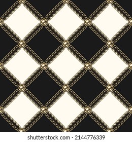 Checkered vintage black and white pattern with gold realistic chains, beads. Vector seamless background.