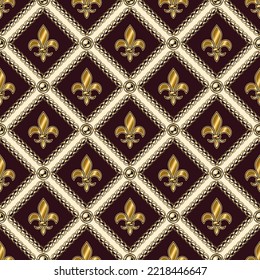 Checkered vintage black and white pattern with gold heraldic lily flowers, gold chains, buttons. Classic square grid. Vector fleur de lis seamless background