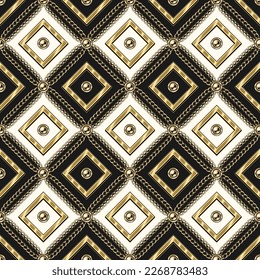 Checkered vintage black and white pattern with square shapes, gold chains, beads. Vector seamless background.