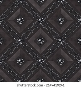 Checkered vintage brown pattern with realistic blackened silver chains, metal beads, outline squares. Classic geometric vector seamless background. Low contrast