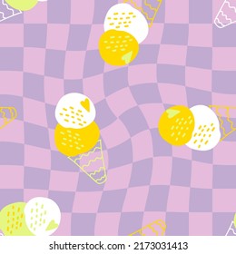 Checkered vintage ice cream seamless pattern in 1960 style. Aesthetic retro print for fabric, paper, T-shirt. Hand drawn vector illustration for decor and design.


